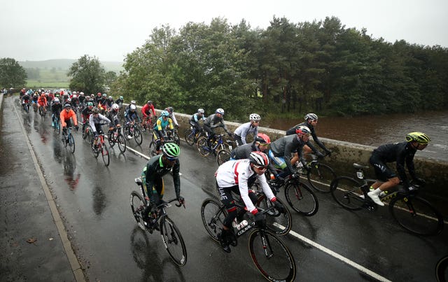 The race crosses the bridge at Wensley 