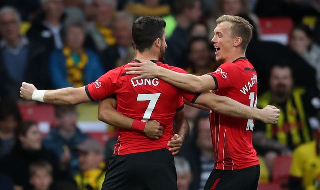 Shane Long, left, and Southampton celebrate their record-breaking opener against Watford in 2019