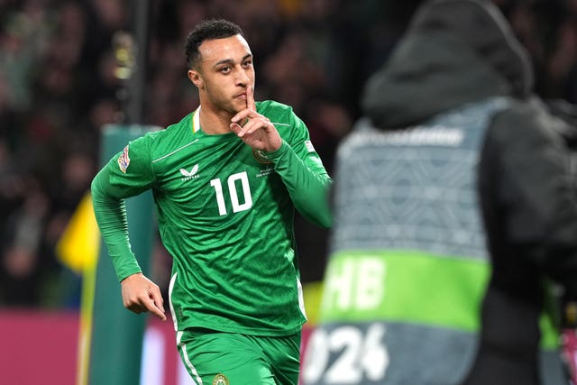 Republic of Ireland striker Adam Idah celebrates scoring the winner against Bulgaria