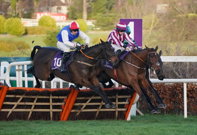 Green Glory (left) jumps the final flight at Leopardstown