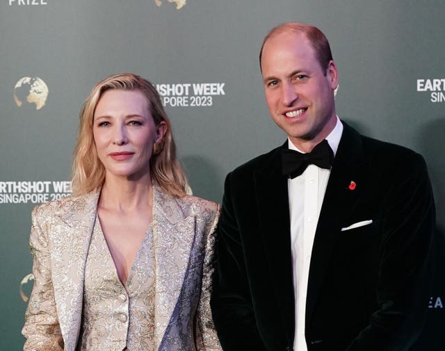 Cate Blanchett stands with the Prince of Wales as he arrives for the 2023 Earthshot Prize awards ceremony. 