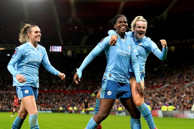 Khadihja Shaw celebrates after scoring for Manchester City (Martin Rickett/PA)