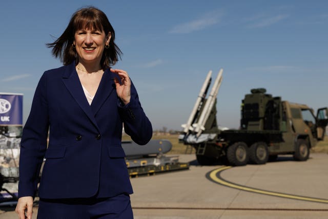 Chancellor of the Exchequer Rachel Reeves stands near an ASRAAM missile