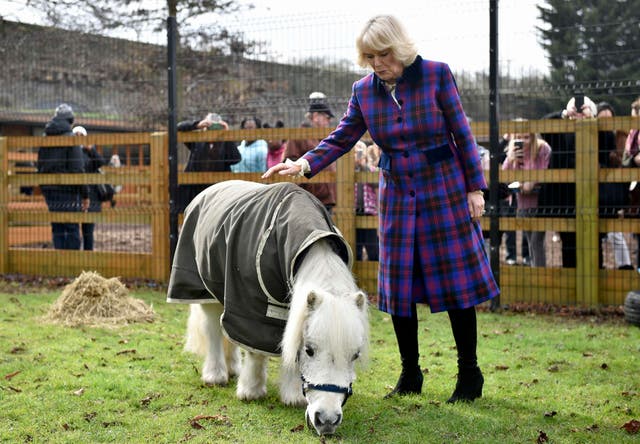 Camilla visiting the Ebony Horse Club which has been nomitaed by Lady Vestey's family as the recipient of any donations made in her name. Hannah McKay/PA Wire