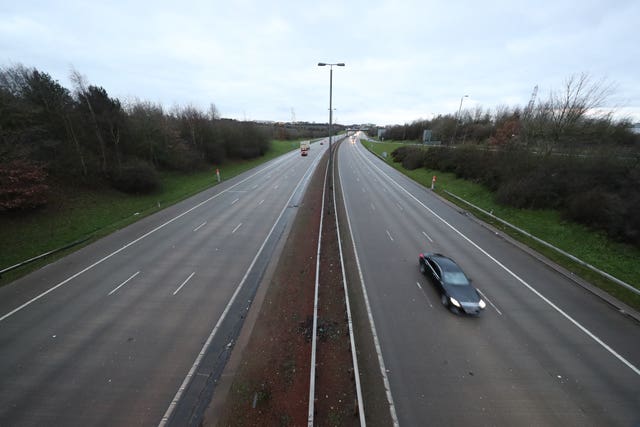 A near empty road at junction 44 of the M1 motorway near Leeds