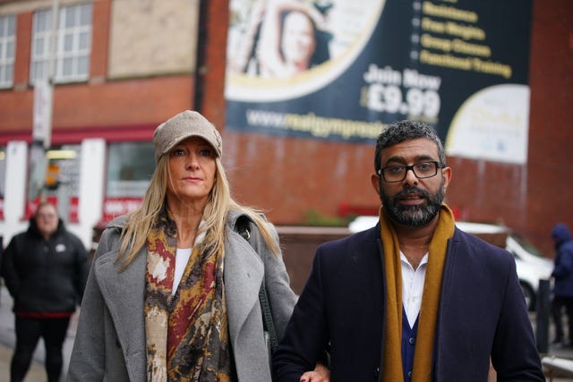Mohammed Ramzan, who was accused of trafficking by Eleanor Williams, with his wife Nicola Holt, outside Preston Crown Court 