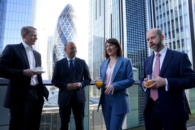 Shadow chancellor Rachel Reeves, left, and shadow secretary of state for business and trade Jonathan Reynolds, right, during a meeting with business leaders at M&G Investments in central London