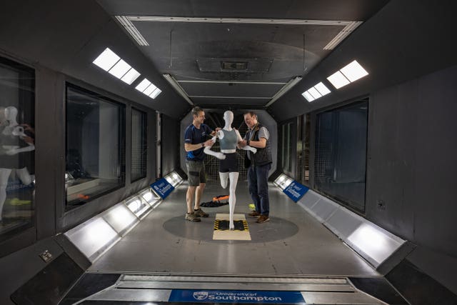 Dr David Marshall of University of Southampton (left) and Professor Bert Blocken preparing a mannequin for wind tunnel test