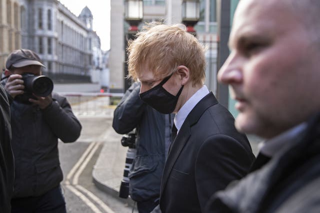 Ed Sheeran leaves the Rolls Building, High Court in central London, where he is bringing a legal action over his 2017 hit song ‘Shape of You’ after song writers Sami Chokri and Ross O’Donoghue claimed the song infringes parts of one of their songs (PA)