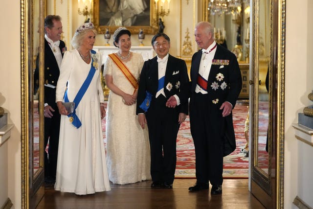 The King and Queen with Emperor Naruhito and his wife Empress Masako of Japan ahead of the State Banquet at Buckingham Palace 