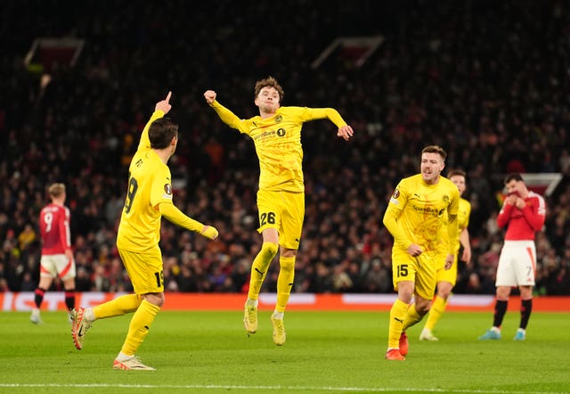 Bodo-Glimt’s Hakon Evjen (centre) celebrates scoring against Manchester United in the Europa League at Old Trafford 