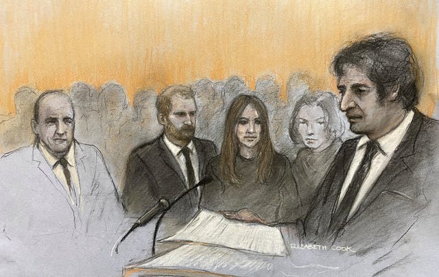 Court artist sketch of Sir Simon Hughes, the Duke of Sussex, Elizabeth Hurley, Damian Hurley and barrister David Sherborne at the Royal Courts Of Justice 