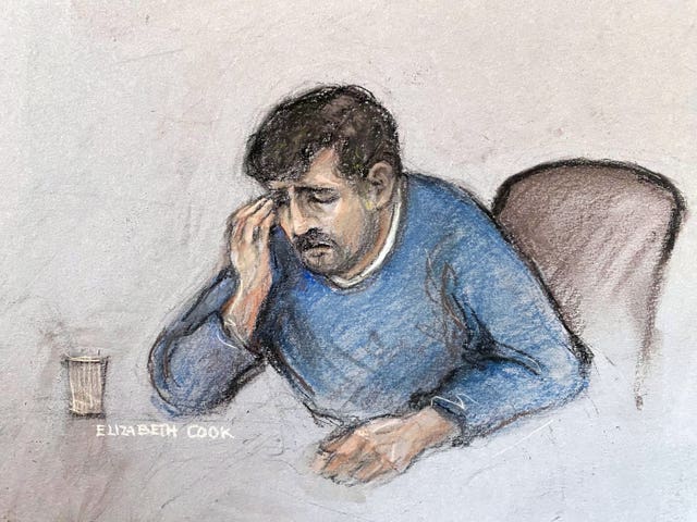 Court artist sketch by Elizabeth Cook of Thomas Cashman, 34, wiping away tears in the dock after being found guilty at Manchester Crown Court of murdering nine-year-old Olivia Pratt-Korbel and injuring her mother, Cheryl Korbel, 46, at their family home in Dovecot, Liverpool, on August 22 last year