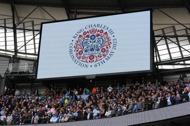 The big screen at Manchester City's Etihad Stadium showed a symbol relating to the King's coronation 