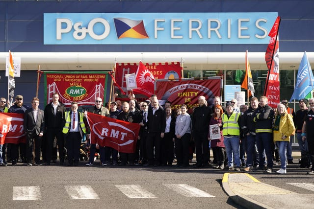 Protesters stand outside the P&O building at the Port of Hull, East Yorkshire
