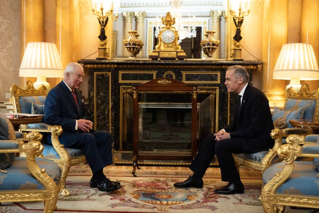 The King sits with Canadian PM Mark Carney in the ornate 1844 Room 