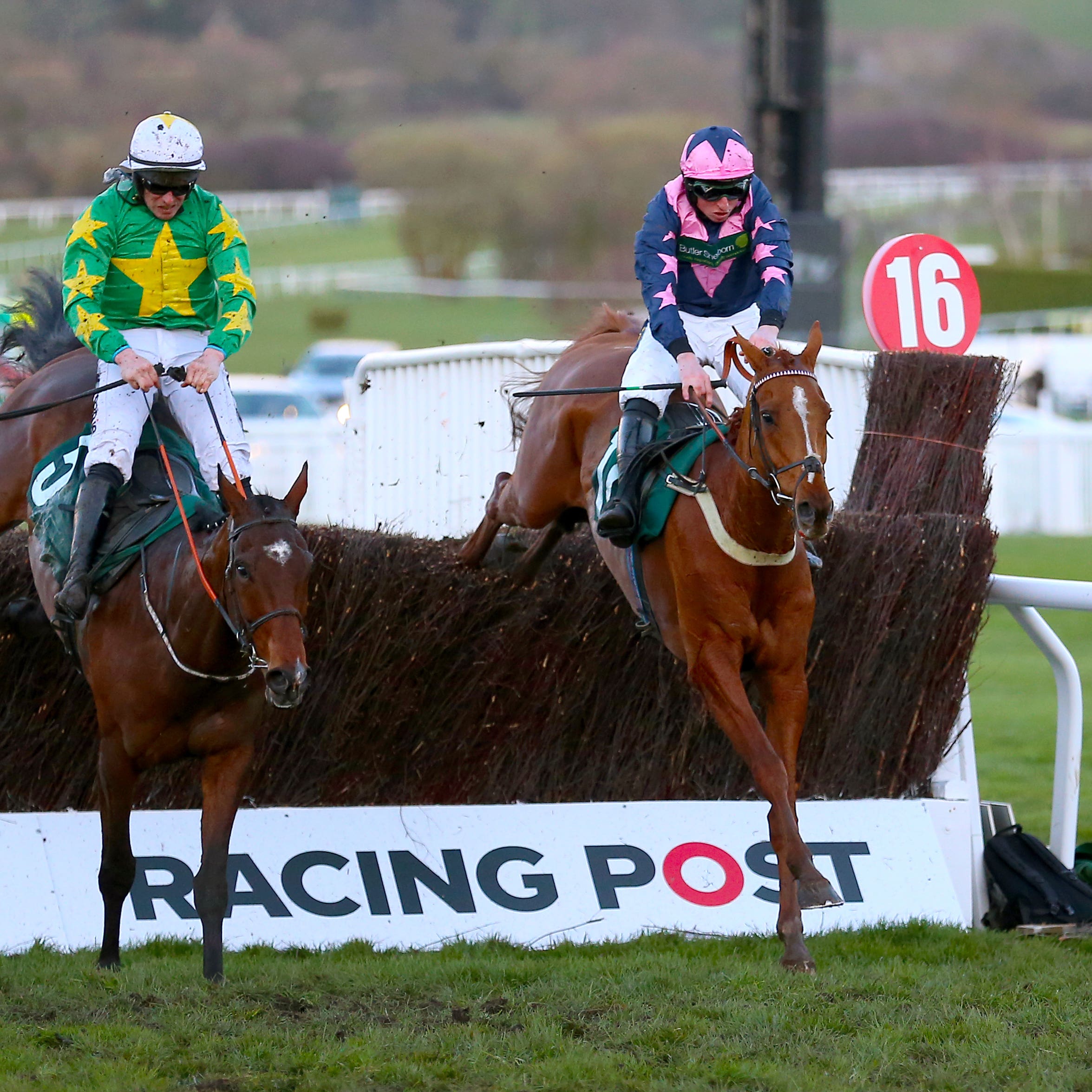 Le Breuil, ridden by jockey Jamie Codd (right), won an attritional renewal of the National Hunt Challenge Cup Amateur Riders’ Novices’ Chase