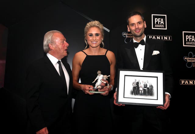 PFA chief executive Gordon Taylor (left) and chairman Ben Purkiss with Manchester City Women’s Steph Houghton, who won the PFA Merit Award