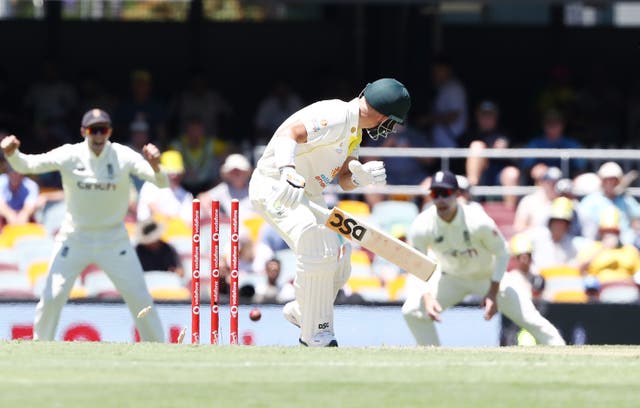 David Warner is castled by a Stokes no-ball.