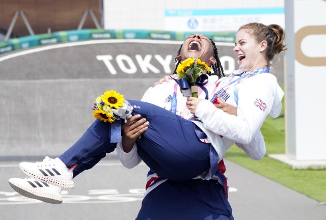 Bethany Shriever and Kye Whyte celebrate their BMX medals