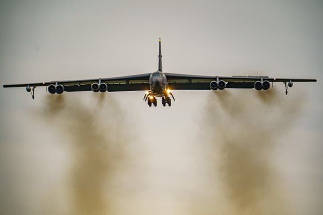 A B-52 bomber lands at RAF Fairford, as tensions remain high over the build-up of Russian forces near the border with Ukraine (Ben Birchall/PA)