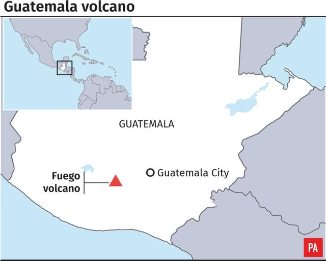 A map showing the location of the Fuego Volcano in Guatemala 