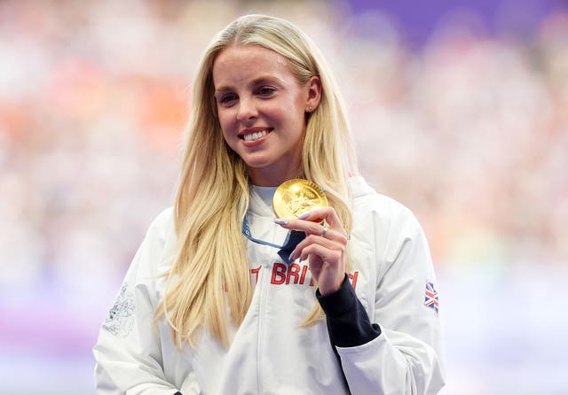 Great Britain’s Keely Hodgkinson with her gold medal following victory in the women’s 800m at the Olympics in Paris