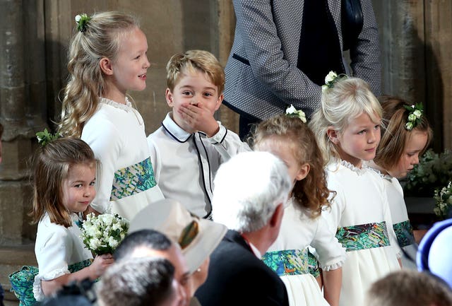 The bridesmaids and page boys, including Prince George and Princess Charlotte, at the wedding of Princess Eugenie to Jack Brooksbank