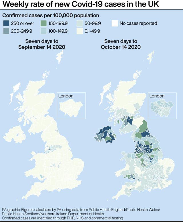 Weekly rate of new Covid-19 cases in the UK