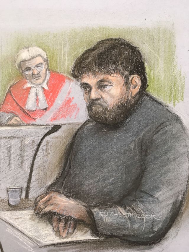 Court artist sketch by Elizabeth Cook of Carl Beech giving evidence at Newcastle Crown Court