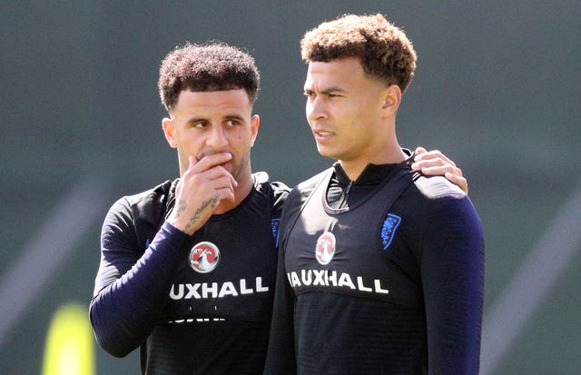 England’s Kyle Walker and Dele Alli during England training