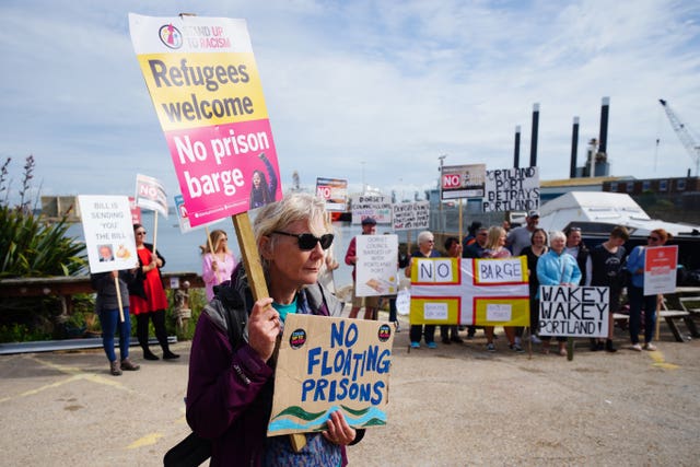 Protesters in Portland in after the arrival of the Bibby Stockholm