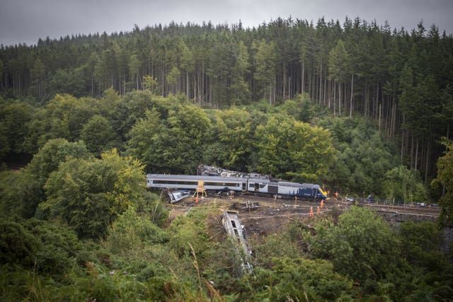 The scene near Stonehaven, Aberdeenshire, following the derailment of the ScotRail train