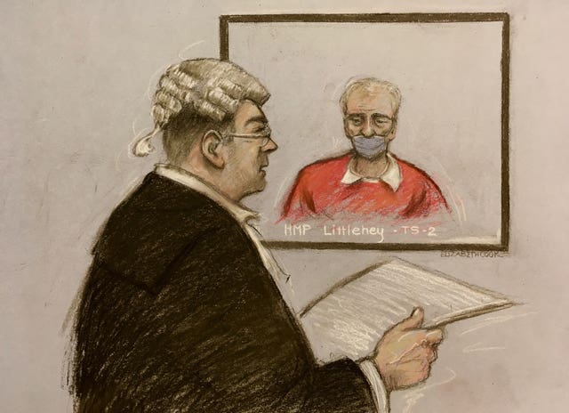 A court artist sketch by Elizabeth Cook of Barry Bennell being questioned via video link at the High Court in London