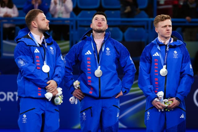Great Britain’s Hammy McMillan, Kyle Waddell (left) and Bobby Lammie (right) with their silver medals 