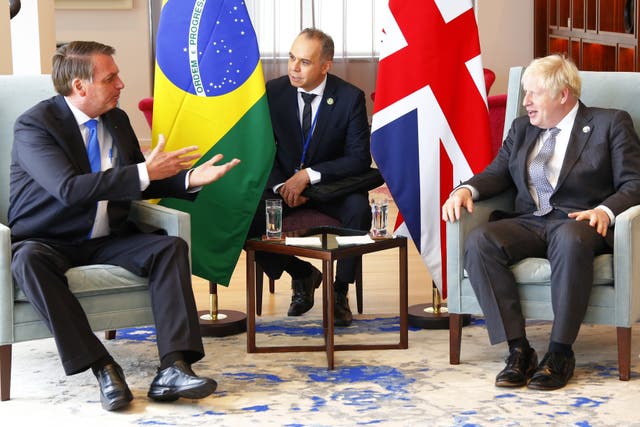 Mr Johnson and Mr Bolsonaro (left) spoke through a translator 