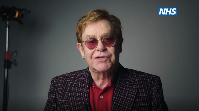 Sir Elton John as he stars, with Sir Michael Caine, in the new video to encourage people to get vaccinated against coronavirus