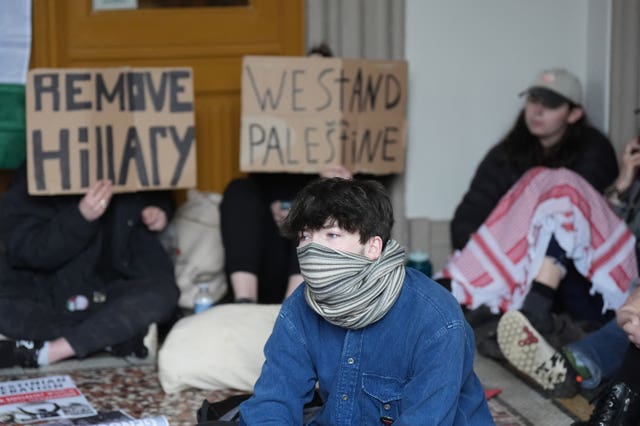 Members of the Queen’s University Belfast (QUB) Palestine Assembly hold a ‘sit in’ in the main Lanyon building of the campus