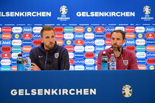 Harry Kane and Gareth Southgate at the top table during an England press conference