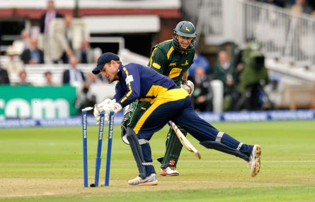 Glamorgan’s Mark Wallace (wicket-keeper) introduced Andrew Mitchell to trainer Harry Derham