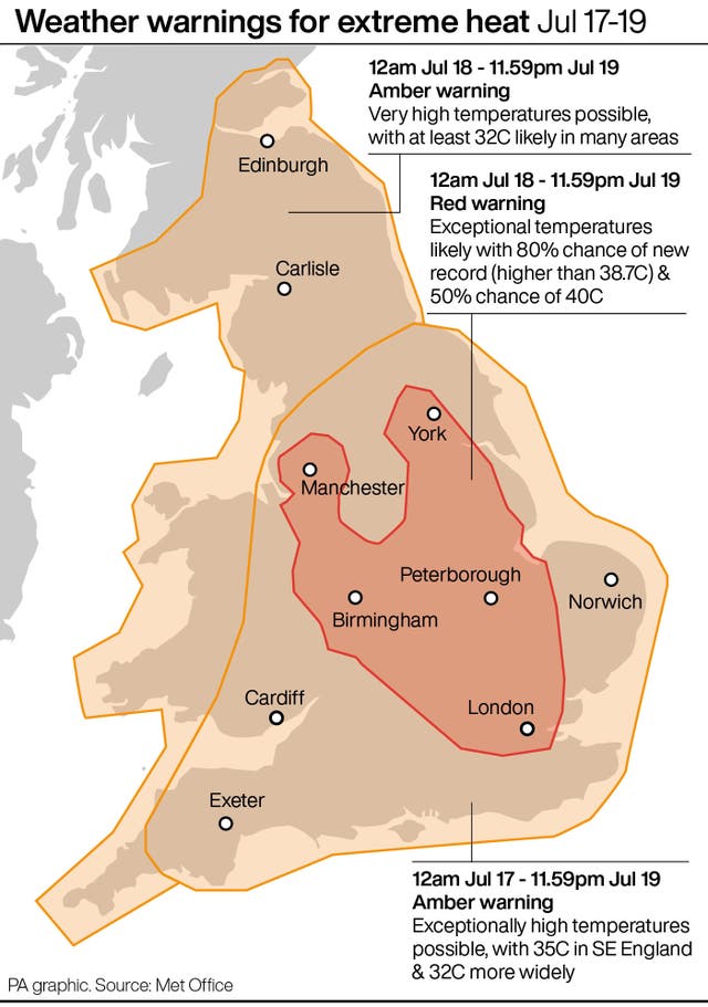 Weather warnings for extreme heat Jul 17-19