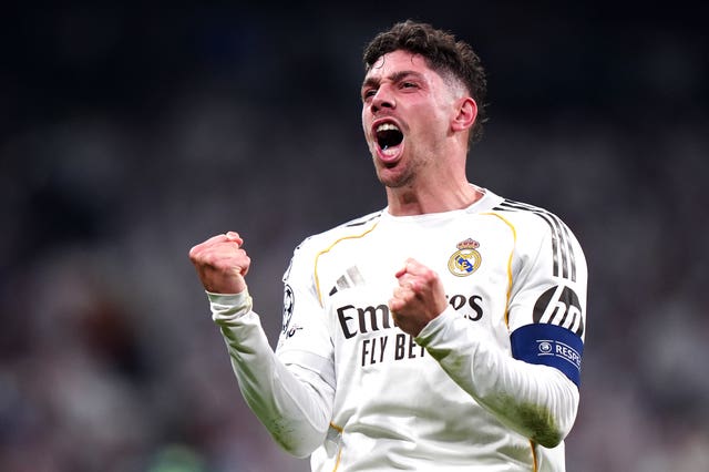 Real Madrid’s Federico Valverde celebrates scoring his first goal against Manchester City