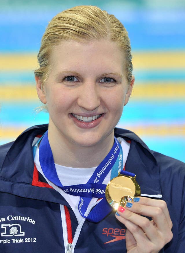 Adlington with her medal after winning gold in the Women’s 800m Freestyle during the British Gas Swimming Championships at the Aquatics Centre in the Olympic Park, London