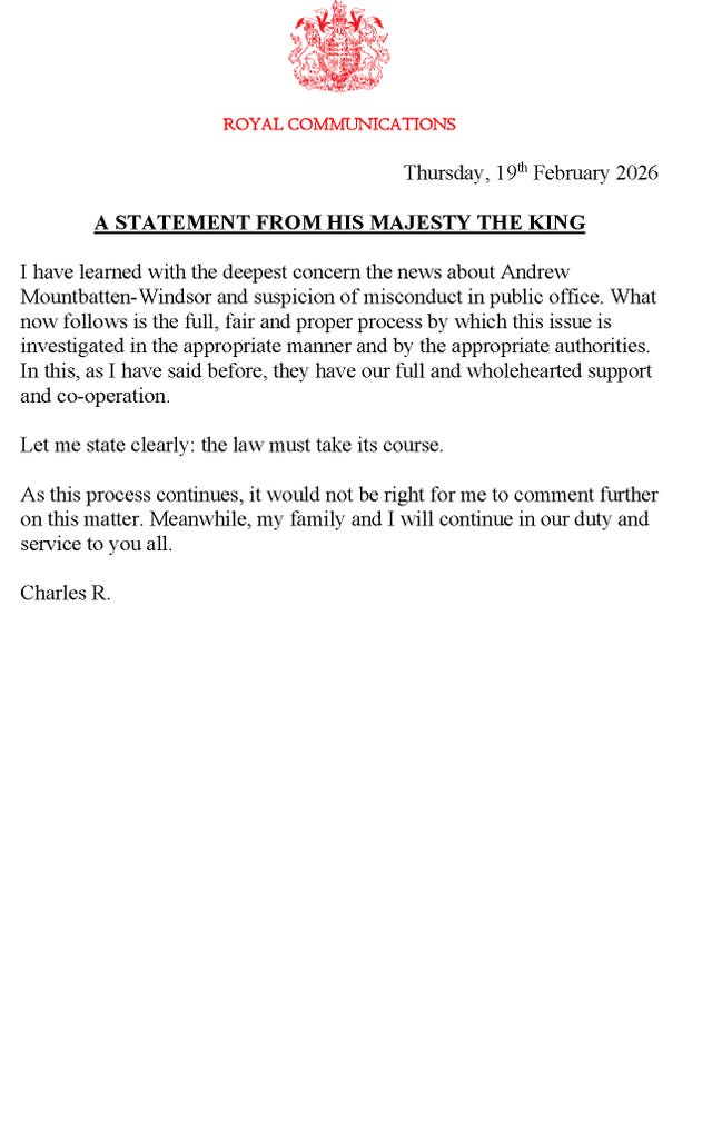 A statement issued by Buckingham Palace from the King