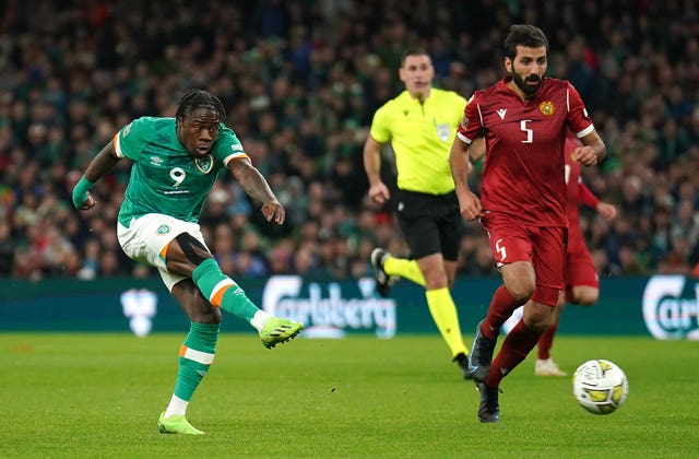 Republic of Ireland’s Michael Obafemi scoring during the UEFA Nations League match at the Aviva Stadium in Dublin in September 2022 (Niall Carson/PA)