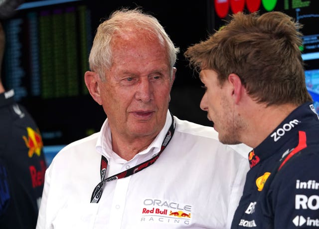 Helmut Marko, left, and Max Verstappen at last year's Netherlands Grand Prix