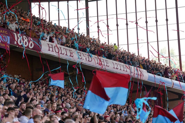 Aston Villa fans display a banner reading: 'Holte End the 12th man