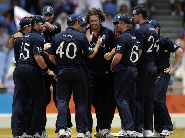 Ryan Sidebottom, centre, took 10 wickets at 16 apiece with an economy rate of 7.44 to help England to glory in 2010 (Rebecca Naden/PA)