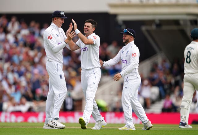 James Anderson, centre, has taken 700 wickets in 187 Tests (Mike Egerton/PA)
