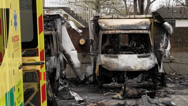 The burnt-out remains of Hatzola ambulances at the Jewish Community Ambulance service in Golders Green